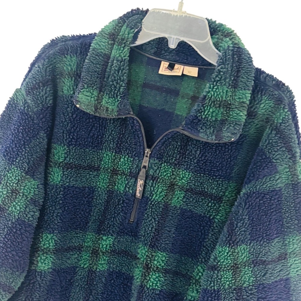 Woolrich Mens Plaid Sherpa Fleece Pullover Quarter Zip‎ Green Navy Blue XL